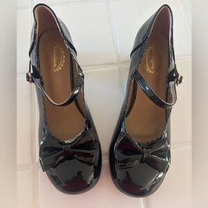 Redberry Black Patent Mary Jane Heels Bow Strap Women Size 39 Vintage Style